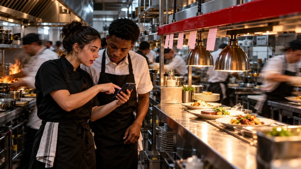 Franchise staff training: supervisor training a new waiter on a smartphone during service