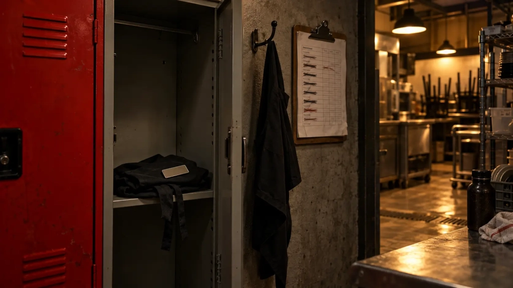 Restaurant staff turnover: empty staff locker with an apron left behind